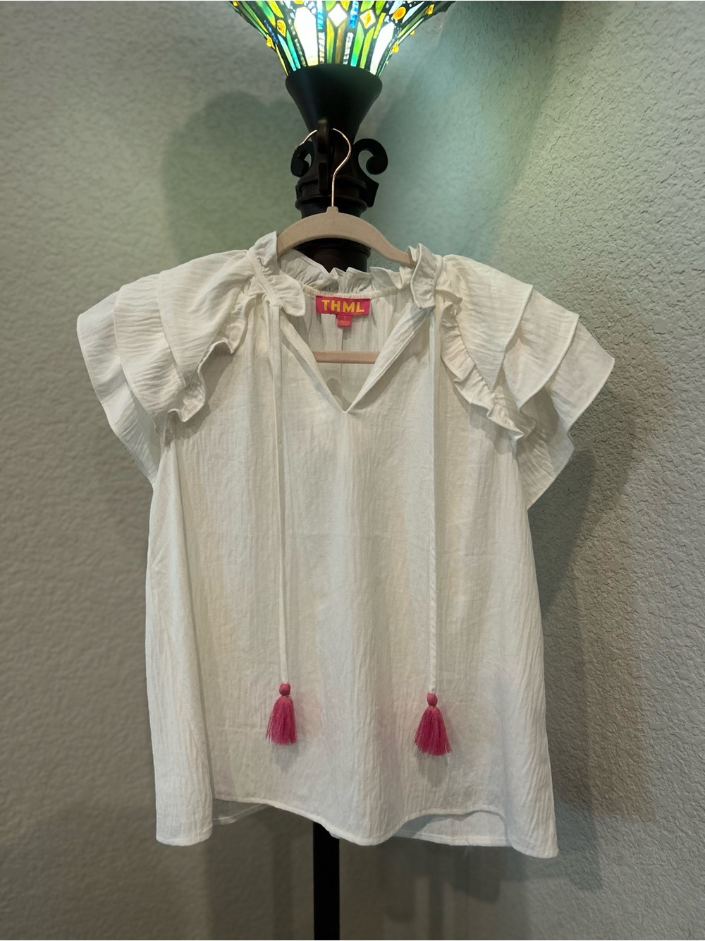 THML White Ruffle Sleeve Top with Pink Tassels